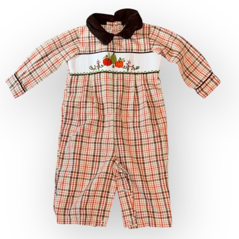 Sucre smocked fall Thanksgiving one piece plaid outfit romper unisex